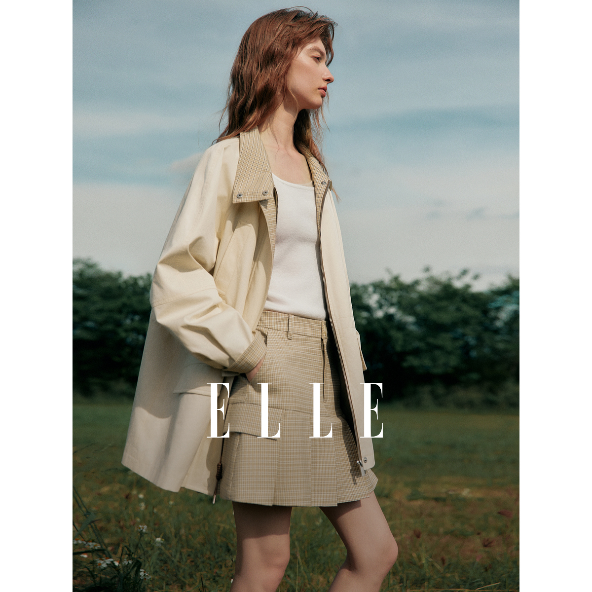 ELLE拼接格纹风衣女2025春季外套EF50481