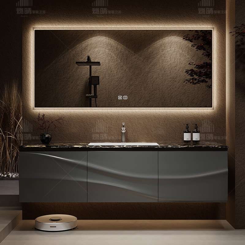 [设计师高定款]橡胶木烤漆浴室柜人造奢石洗手台定制轻奢8515