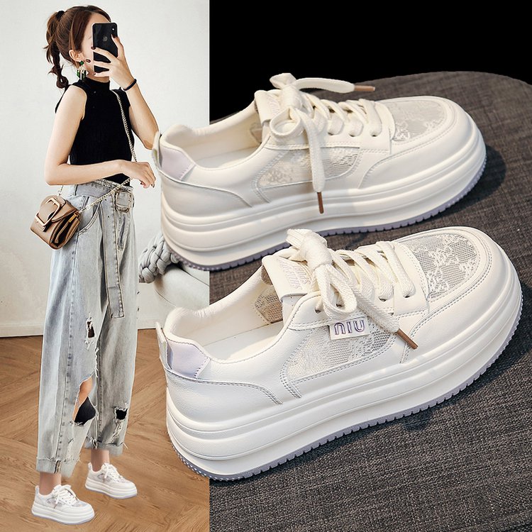 超级好看的小白鞋2025夏季新款厚底网面透气休闲运动百搭增高板鞋