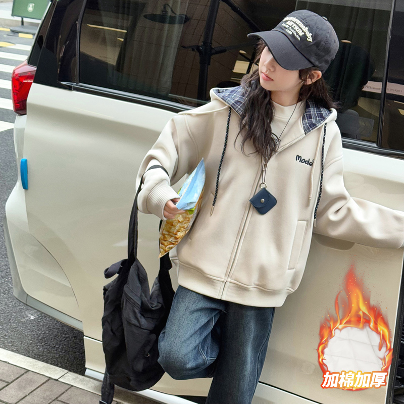 女大童夹棉外套秋冬装连帽棉服加厚青少年初高中生宽松休闲拉链衫