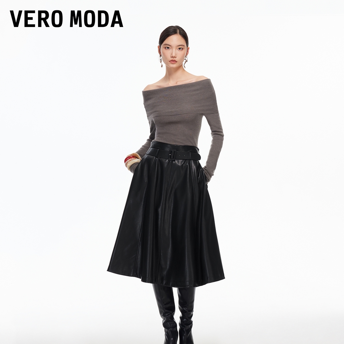 Vero Moda半身裙2025冬新款PU裙可拆腰带百搭时尚简约高级感女装