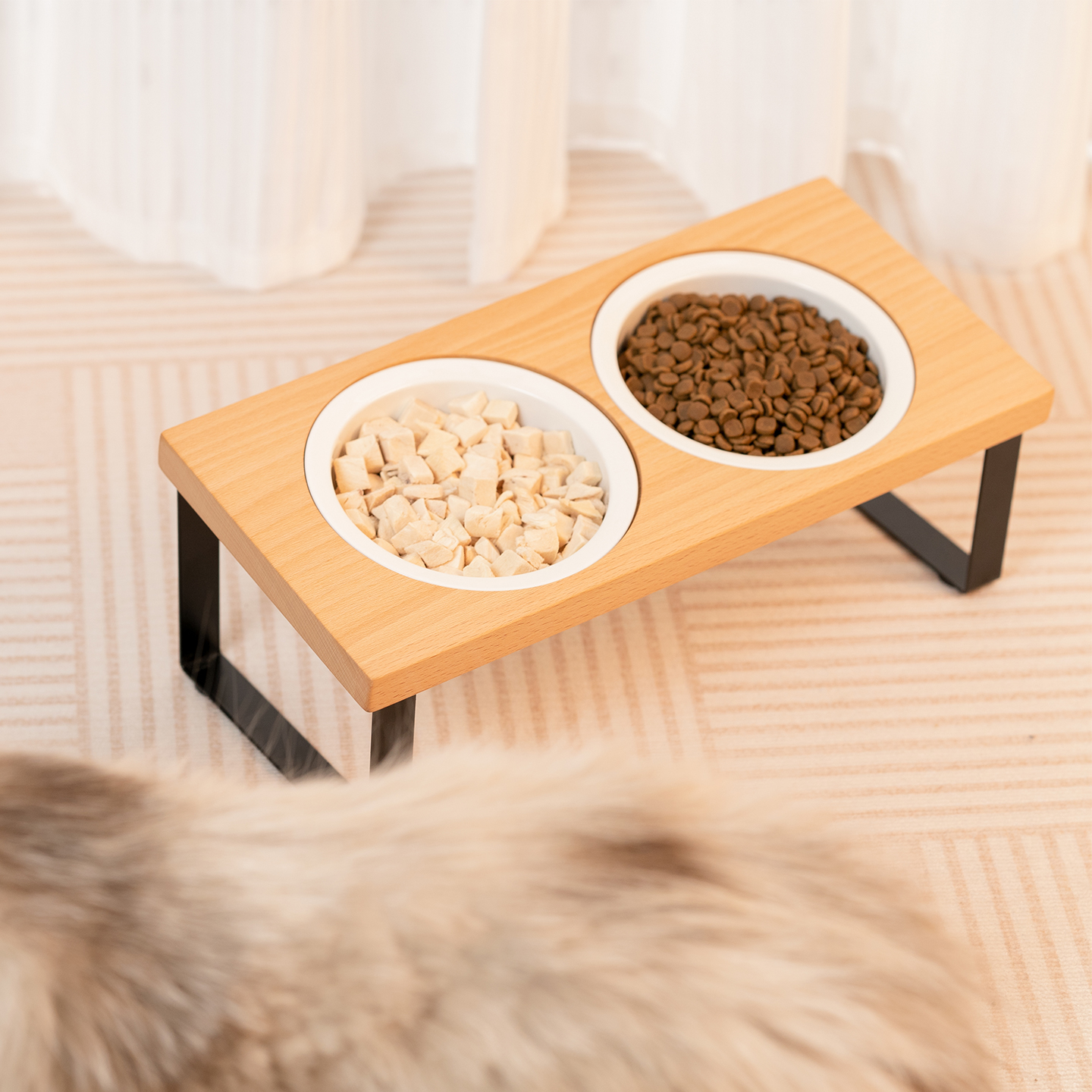 实木猫碗架榉木护颈多碗陶瓷金属防打翻猫咪饭碗食盆猫粮增高架子