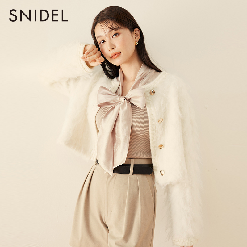 【嘉尔专属】SNIDEL金属扣毛绒圆领针织开衫短外套SWNJ235024