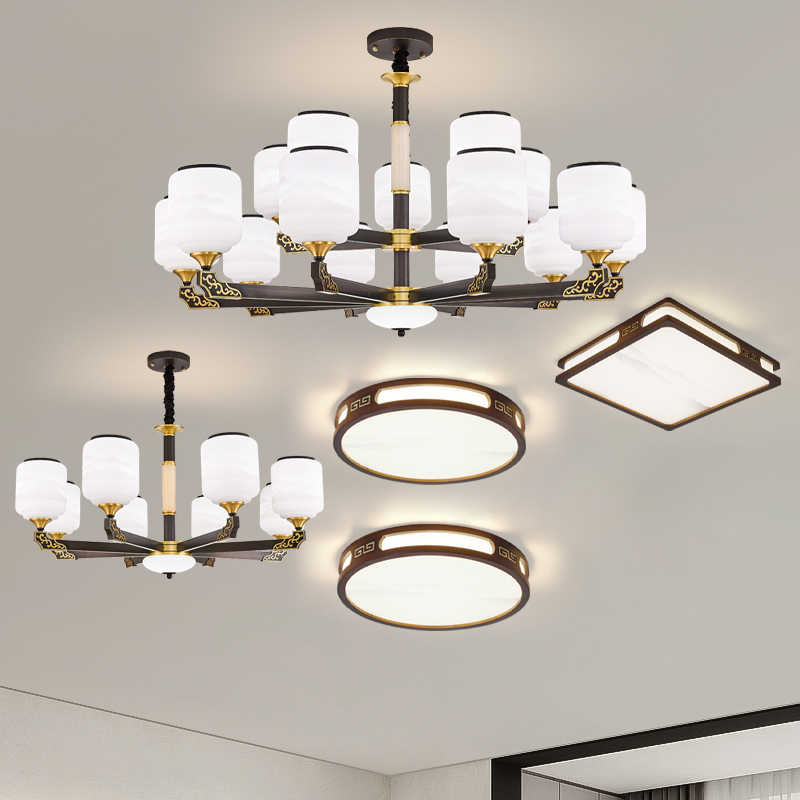 新中式吊灯客厅灯全铜玉石餐厅卧室灯现代简约别墅大厅灯全屋灯具