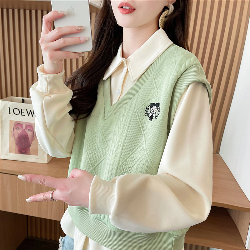 polo领假两件撞色卫衣女春秋2025新款韩版宽松学生百搭薄款上衣服