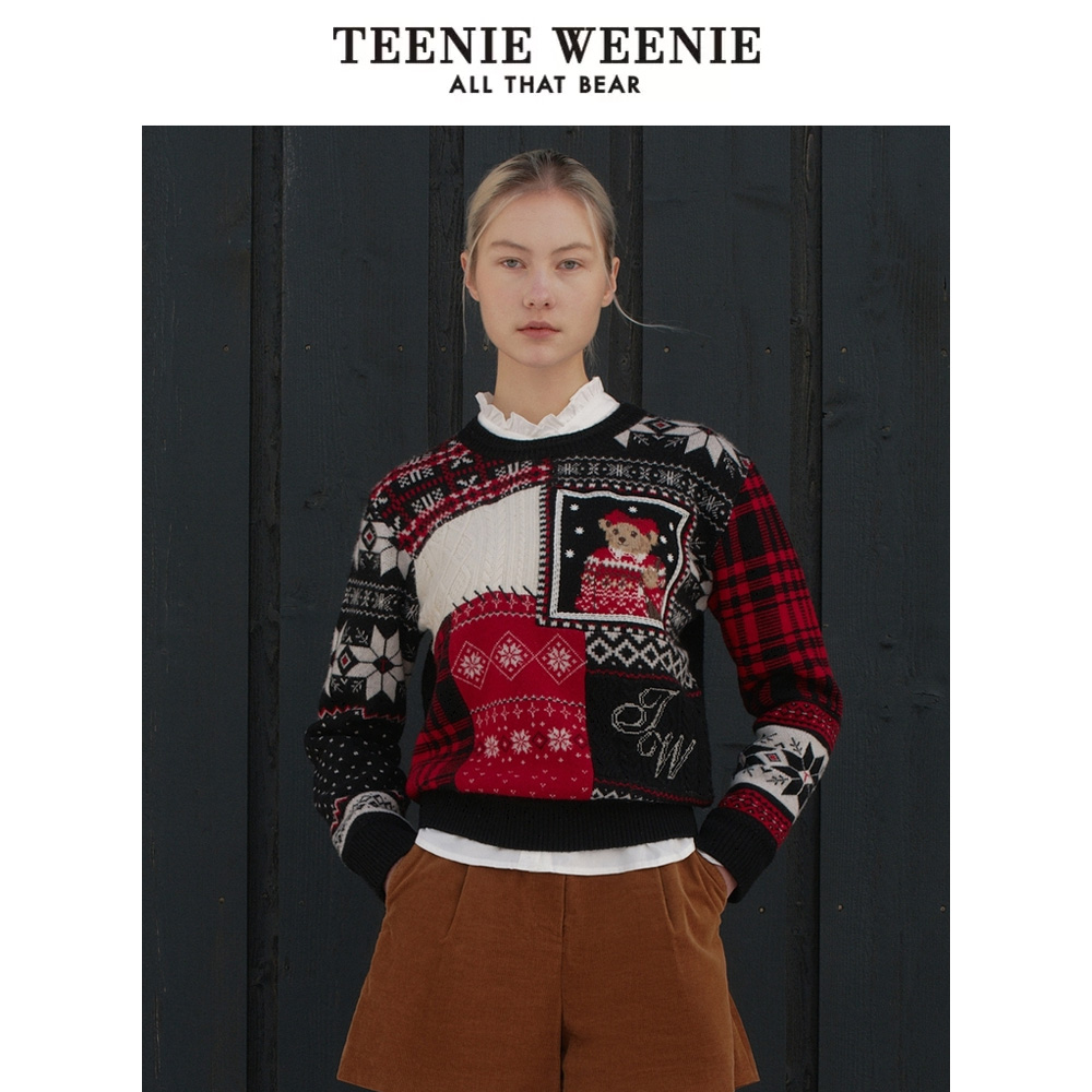 【达人专属】TeenieWeenie小熊24新款撞色拼接圣诞氛围感毛衣0442