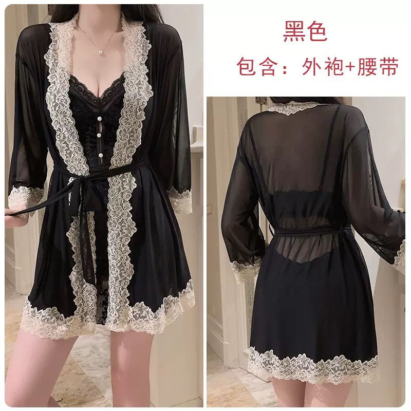 ｜私藏｜女神秘薄纱约会蕾丝拼接网纱系带性感外袍