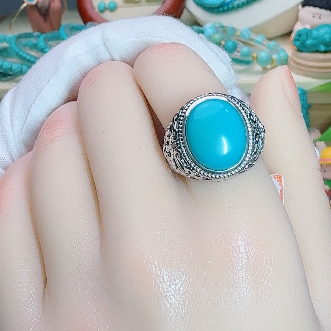 绿松石银S925镶嵌珠宝奇石玉华蓝戒指