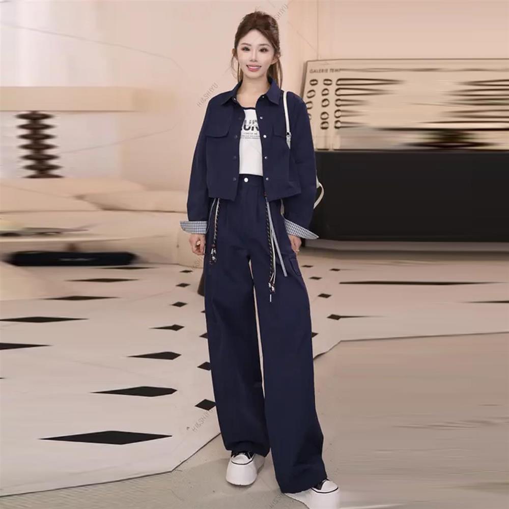 2025春秋季新款女士时尚洋气减龄工装短款外套背心阔腿裤三件套装