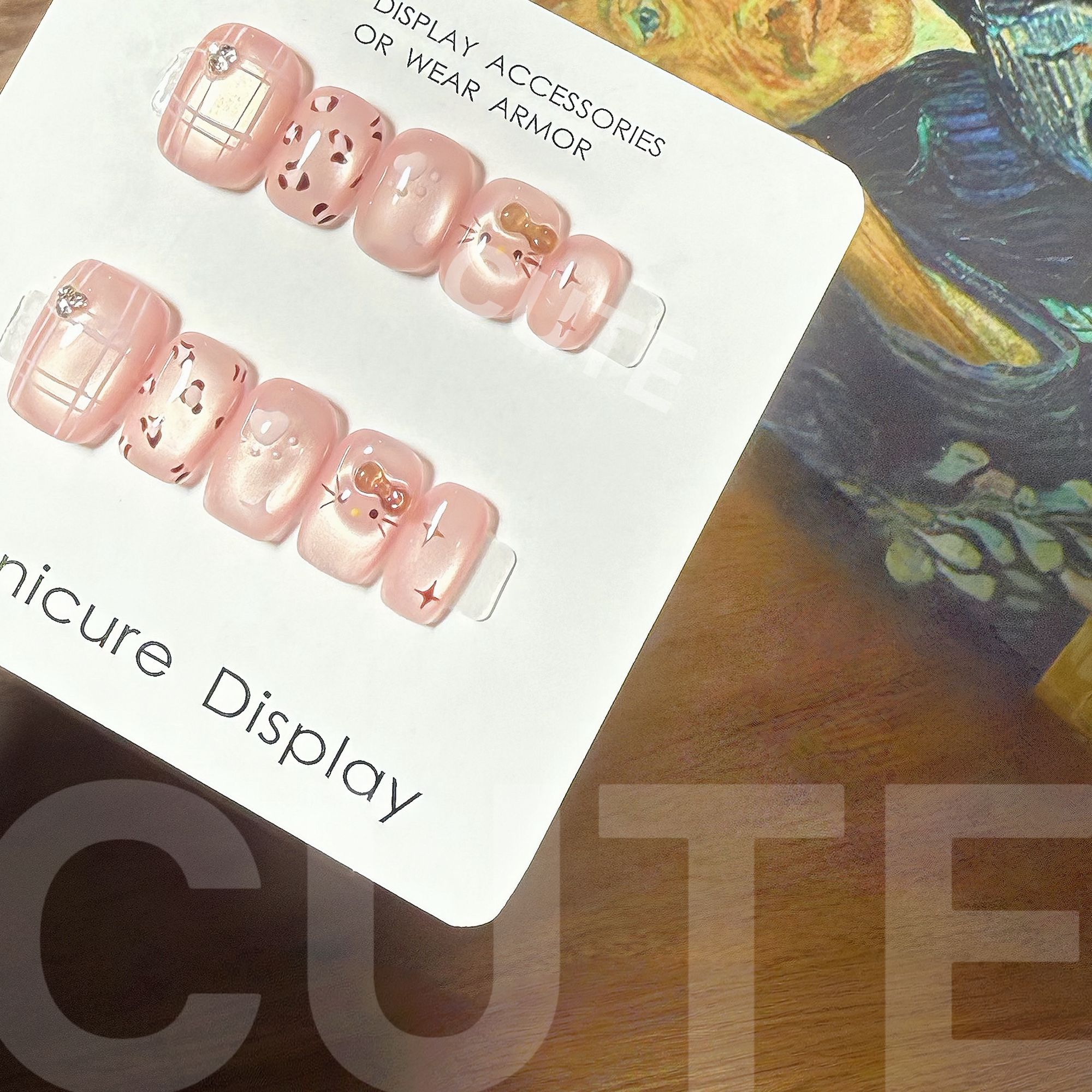 【粉金小豹】秋冬美拉德猫眼玻璃珠纯手工穿戴甲美甲贴片10片装