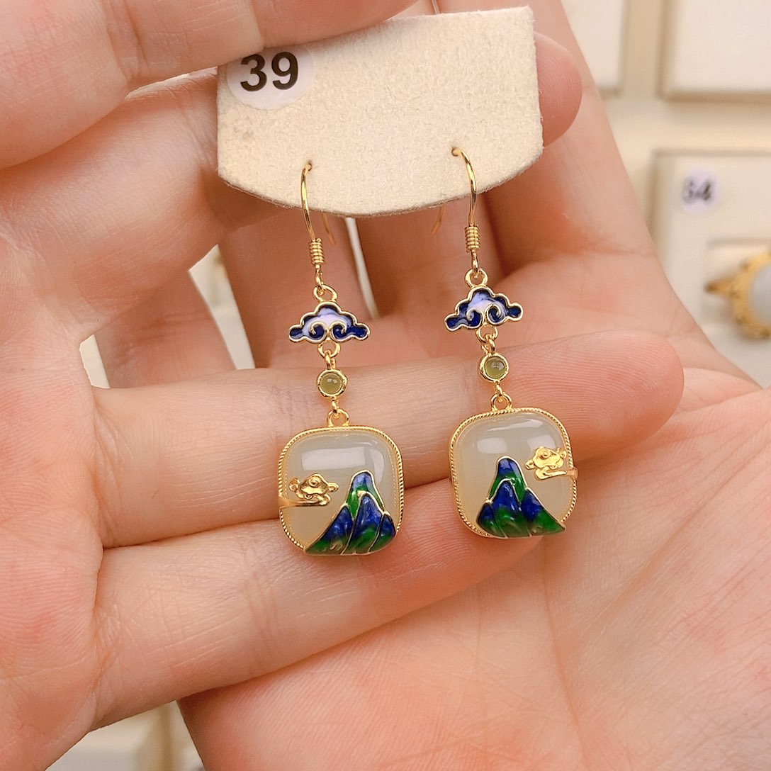 和田玉耳饰银S925镀金镶嵌