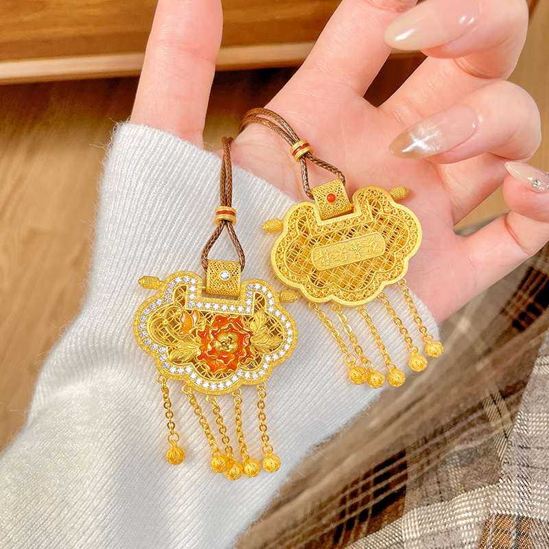 吊坠足银珐琅 「静若繁花」足银999.9编绳描金吊坠女民族项链