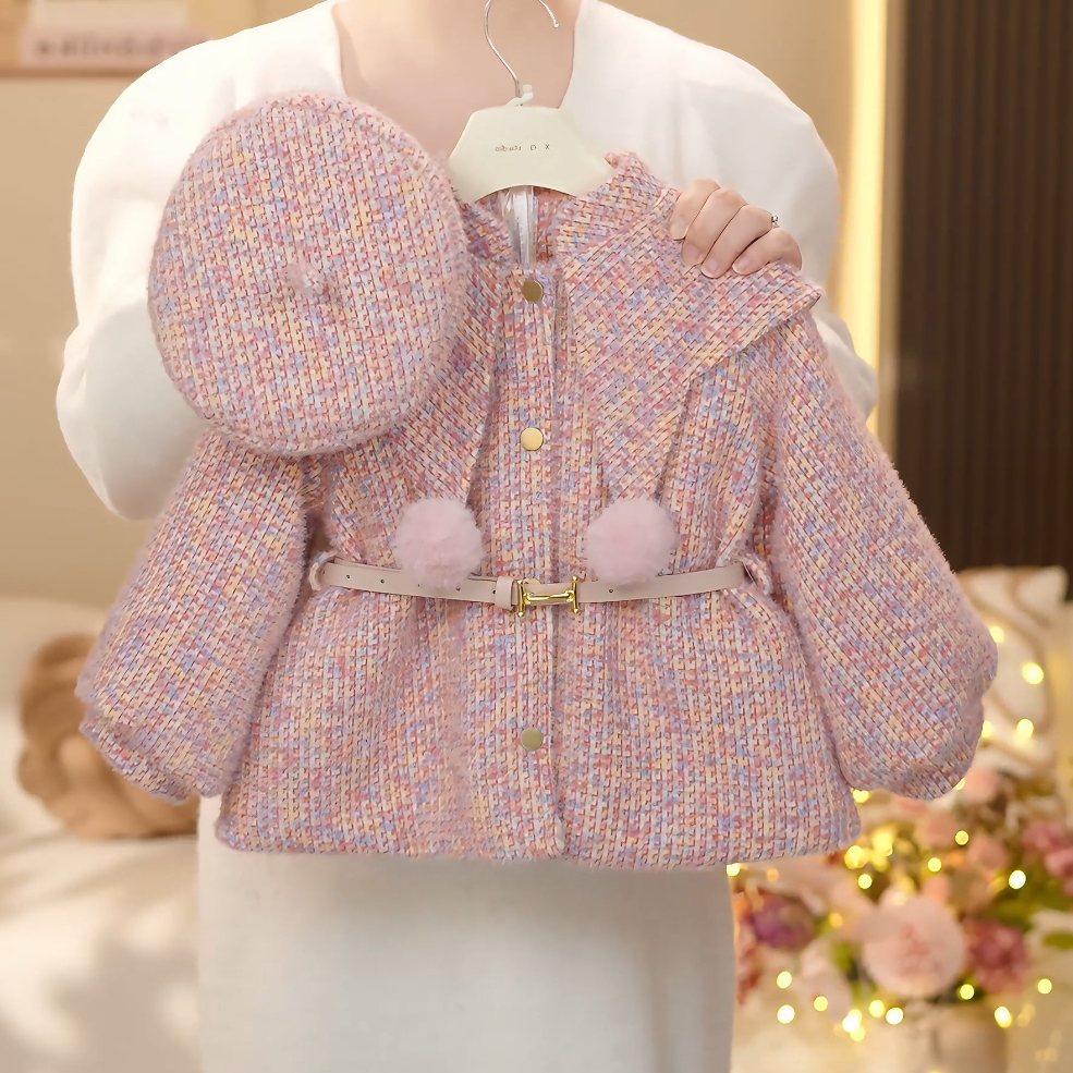 女童2025冬季新款洋气加毛加厚毛球披肩收腰外套YY1823