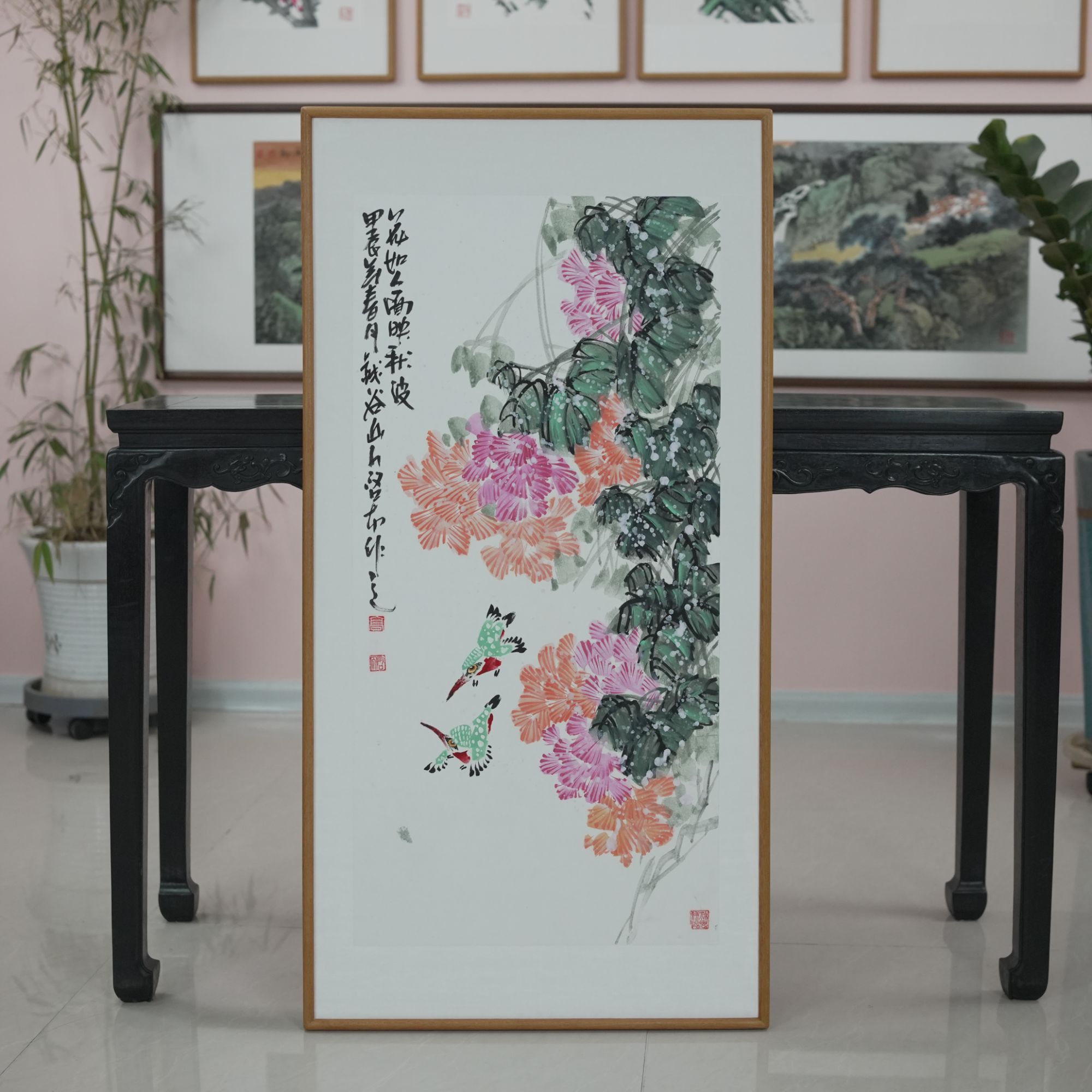 高启太老师手绘国画作品《花如人面映秋波/芙蓉花》尺码122*62厘米