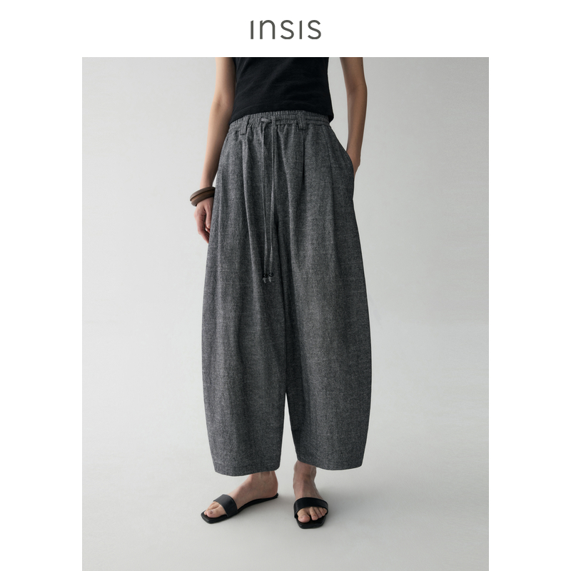INSIS FEMME麻质棉感2025夏季新款橡筋腰头串珠抽绳弧形九分裤女