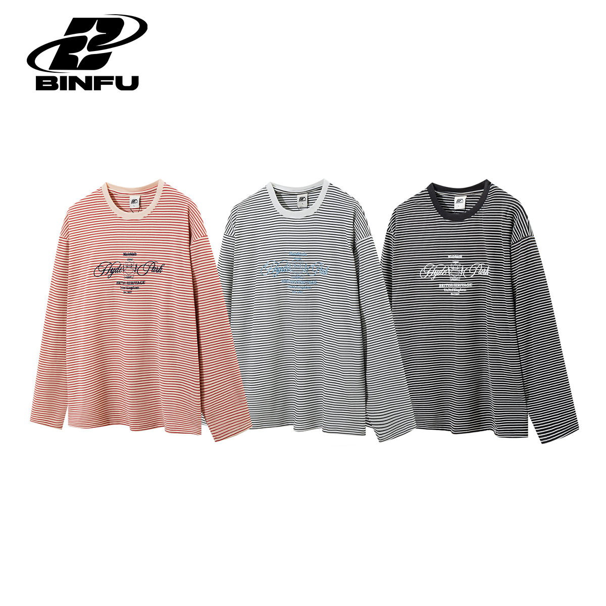 BINFU打底衫情侣内搭条纹男女同款宽松版德绒保暖圆领长袖T恤