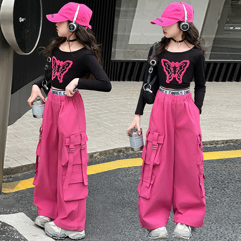女童2025年春季新款中大童洋气时尚百搭玫红蝴蝶工装休闲裤套装