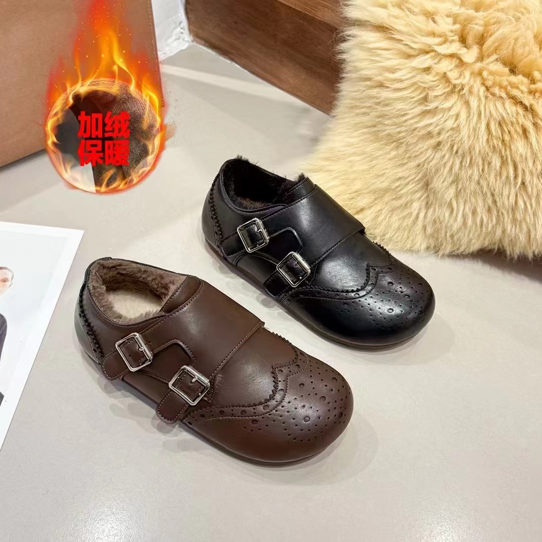 布洛克小皮鞋雕花乐福鞋女2025秋冬新款英伦风内增小皮鞋加绒单鞋