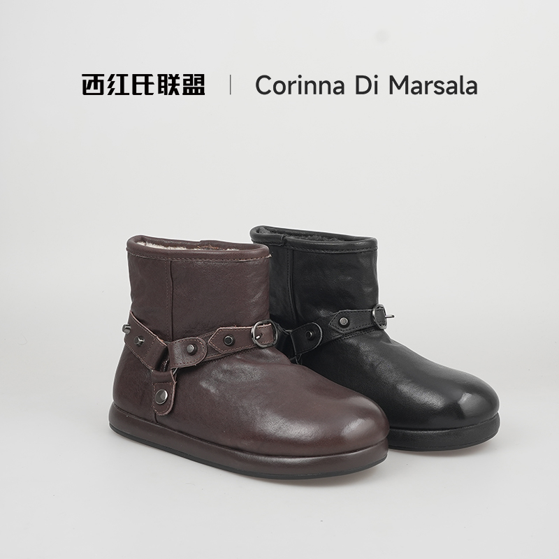 【西红氏联盟】水洗马皮~25年秋冬新款皮面防滑雪地靴