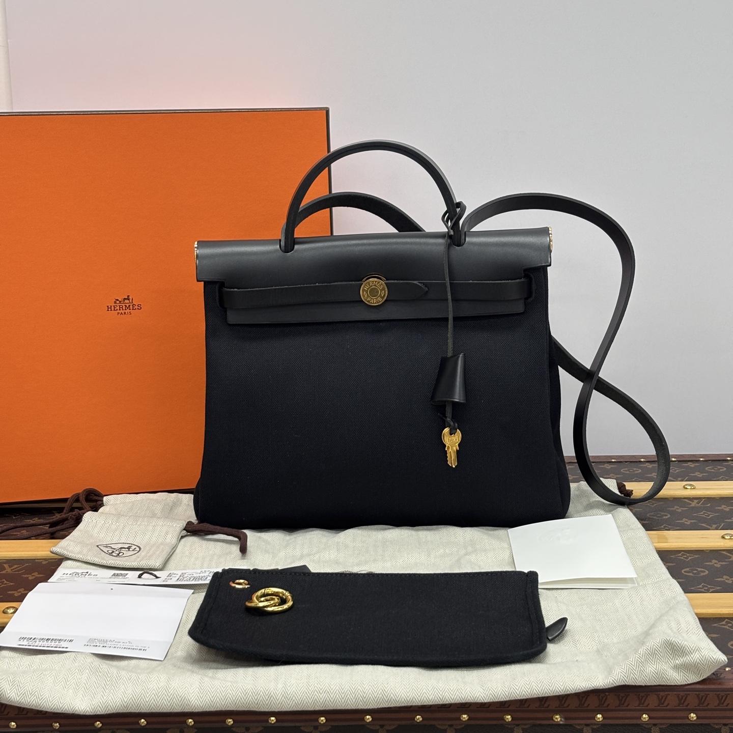 99新 Hermes/爱马仕 herbag31黑金子母手提斜挎包 09896