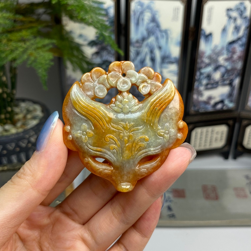 红翡狐仙狐狸面具挂件 天然翡翠A货
