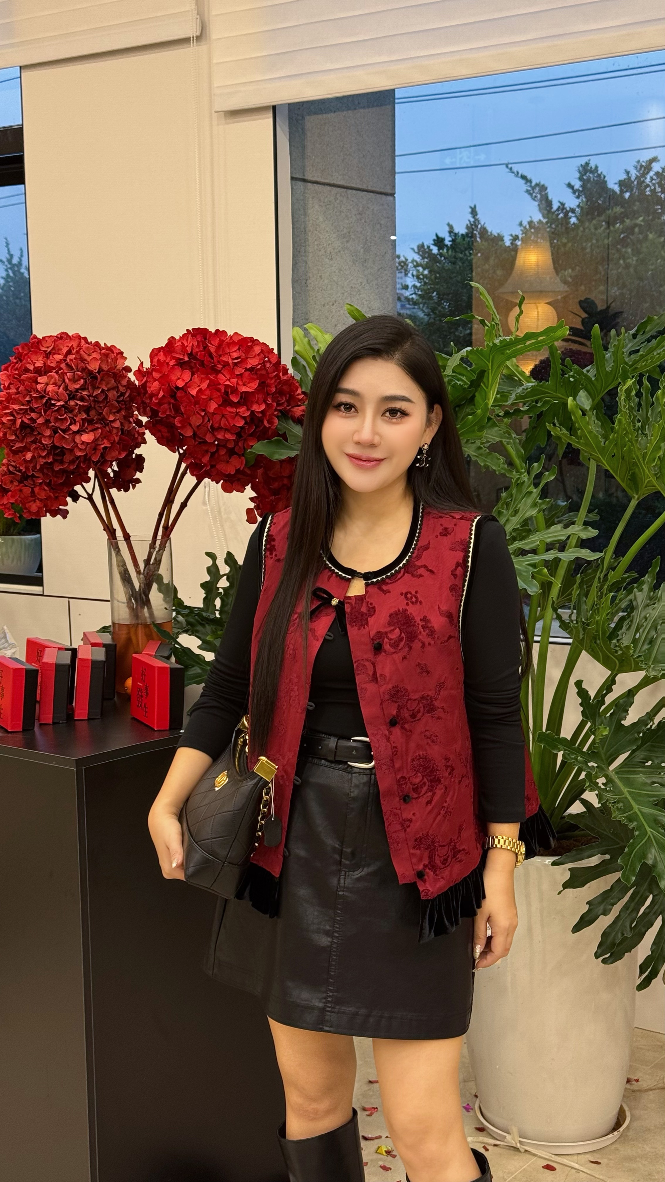 2597新款女圆领拼接毛边新中式国风马夹