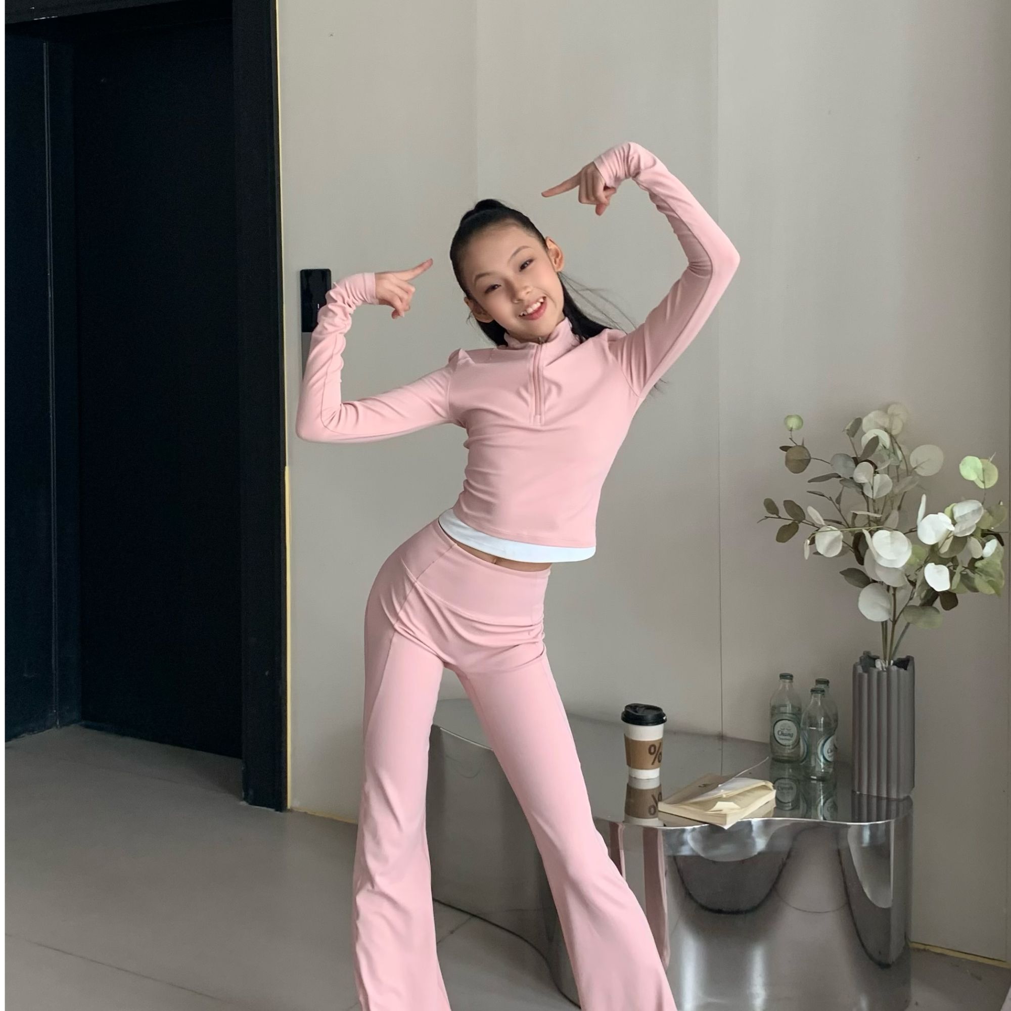 雪妈ESTAR独家小艺考立领高弹速干半拉链撞色假两件长袖打底衫