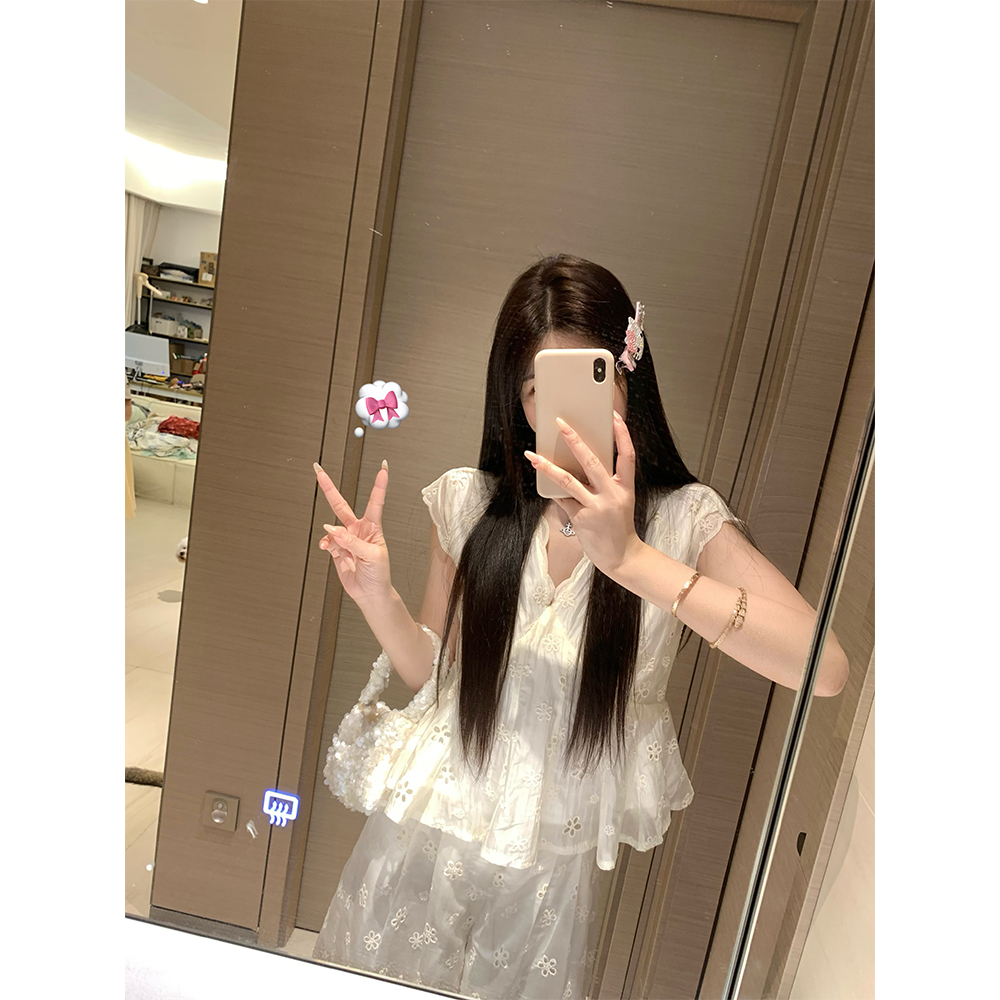 2025夏季镂空刺绣蕾丝小衫上衣阔腿裤子两件套女套装21397