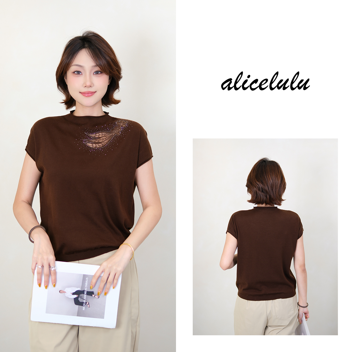 5 alicelulu精致优雅刺绣烫钻圆领宽松套头针织衫S2144309U