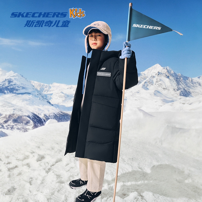 斯凯奇官方冬季男女童舒适保暖百搭长款连帽羽绒外套P425K034