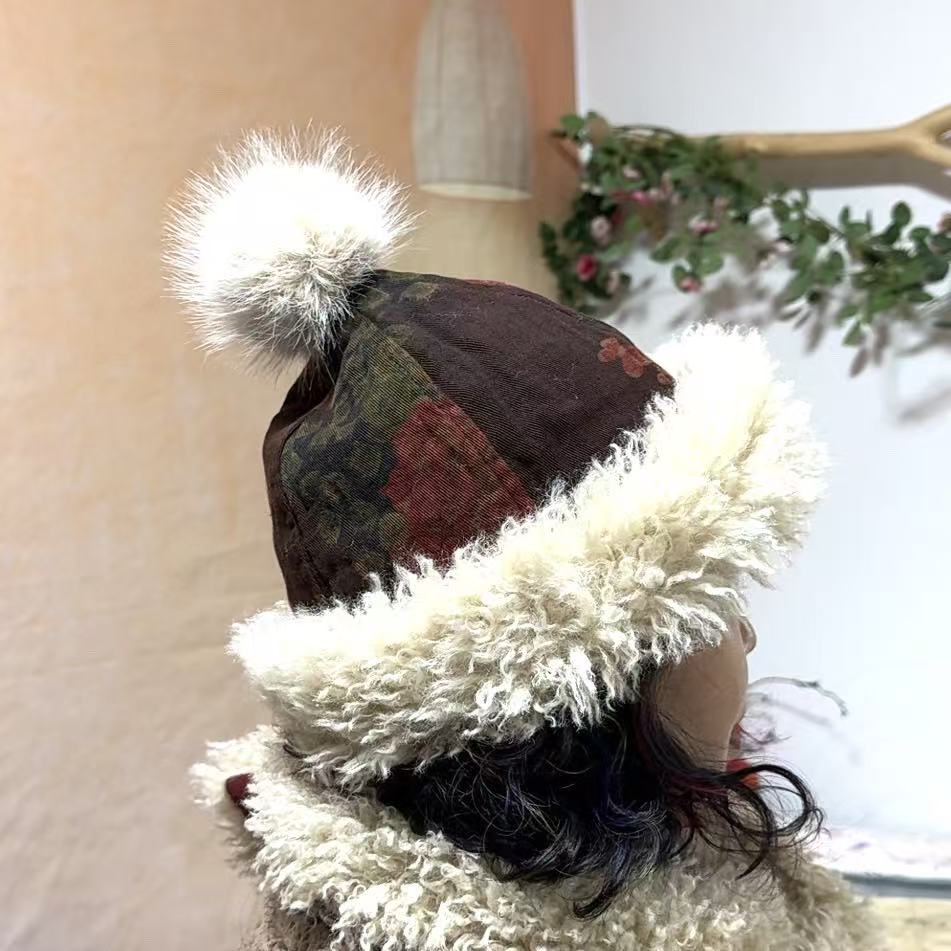 复古花毛毛帽毛毛围巾套装