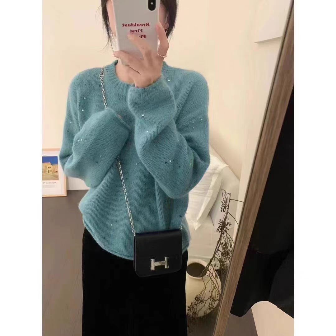 【亮片湖蓝色】韩系气质蓝色亮片宽松慵懒针织加厚毛衣套头女