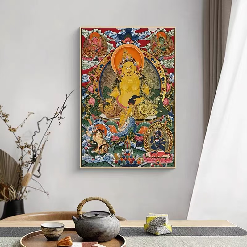 砂岩材质唐卡挂画五色黄财神玄关装饰佛像财神客厅办公室招财壁画