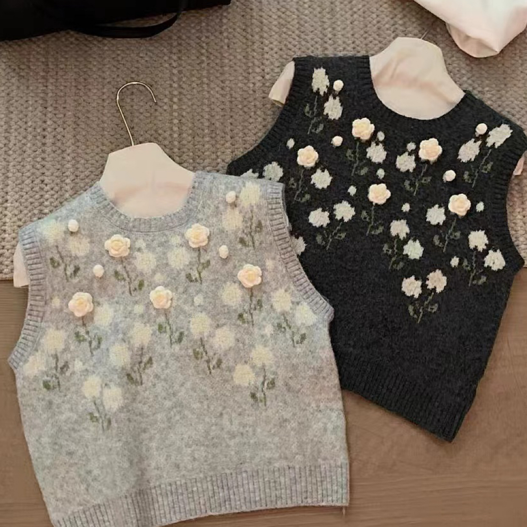 （编码601-700）韩版秋冬甜美立体花朵针织马甲