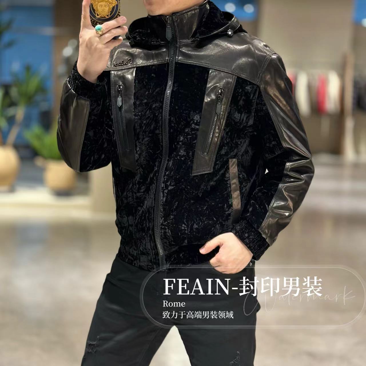 【山羊皮羽绒】高端男士定制进口山羊皮拼接帽子可拆卸羽绒服8871-1