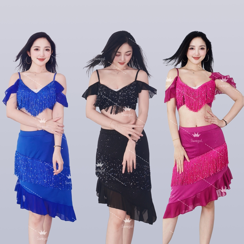 swegal肚皮舞服装东方舞练功服动感鼓舞亮片流苏短裙套装性感