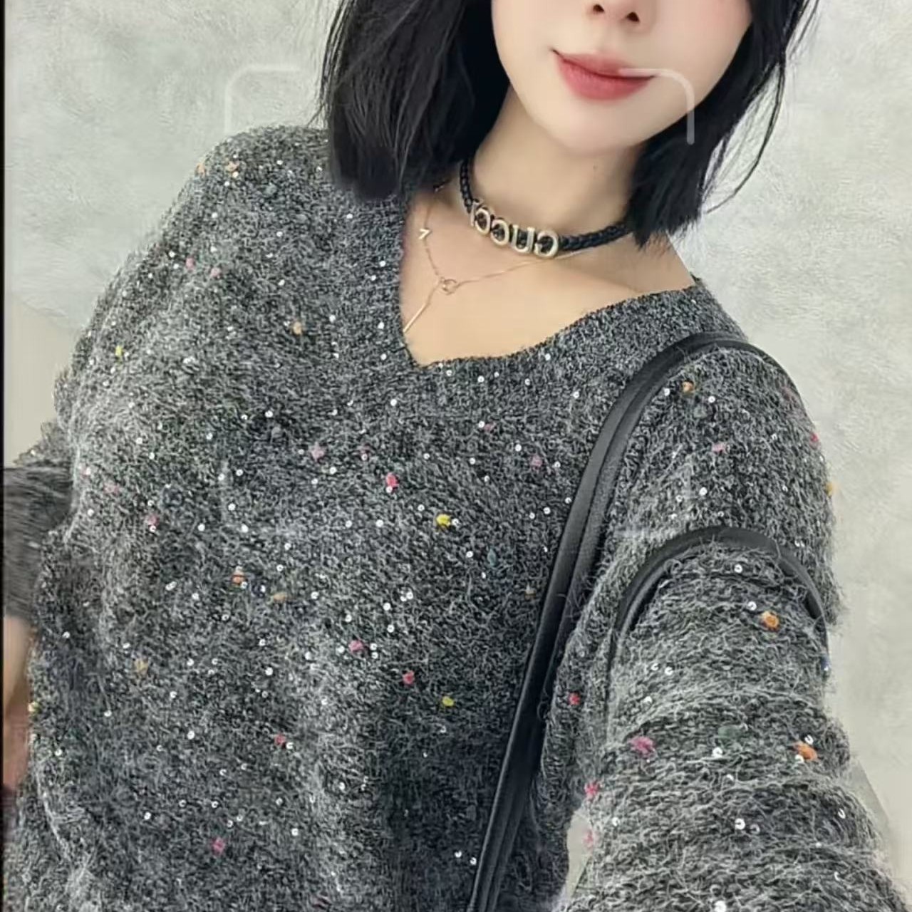 6311毛针织衫水洗针织套头V领慵懒风宽松厚款拼色