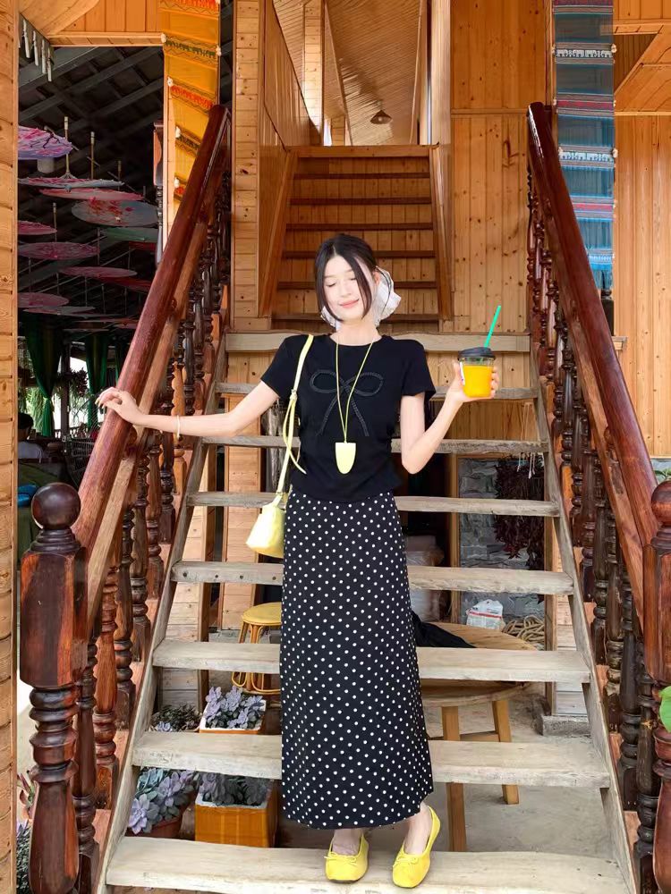 中长裙夏季通勤波点短袖连衣裙长款女装复古时尚