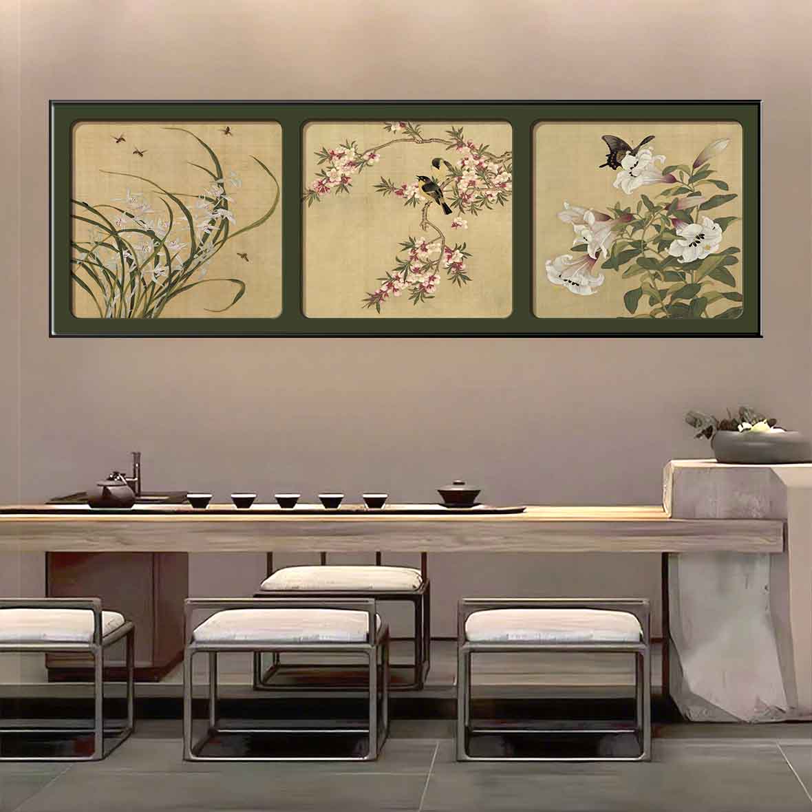 轻奢极简新中式幽庭花鸟册工笔国画客厅沙发背景餐厅卧室壁画c067