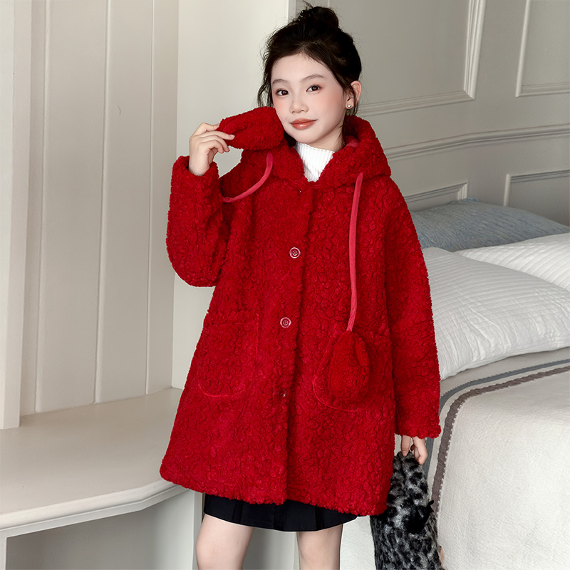 【ZS】冬季新款儿童时尚洋气红色拜年服女童加厚设计感外套HCE342