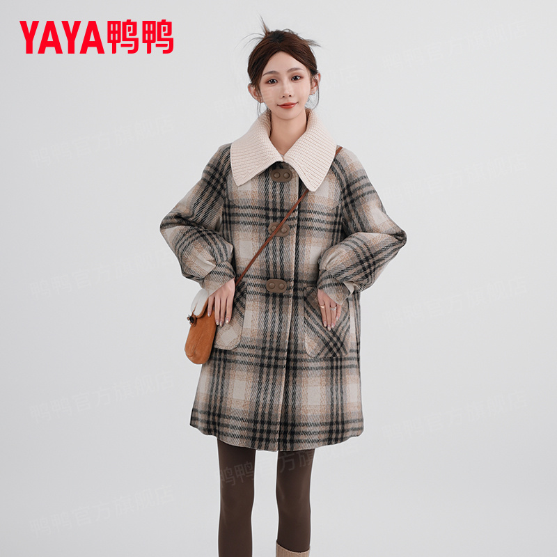 YAYA/鸭鸭羽绒服女中长款时尚百搭拼色格针织翻领外套YE3B633166A