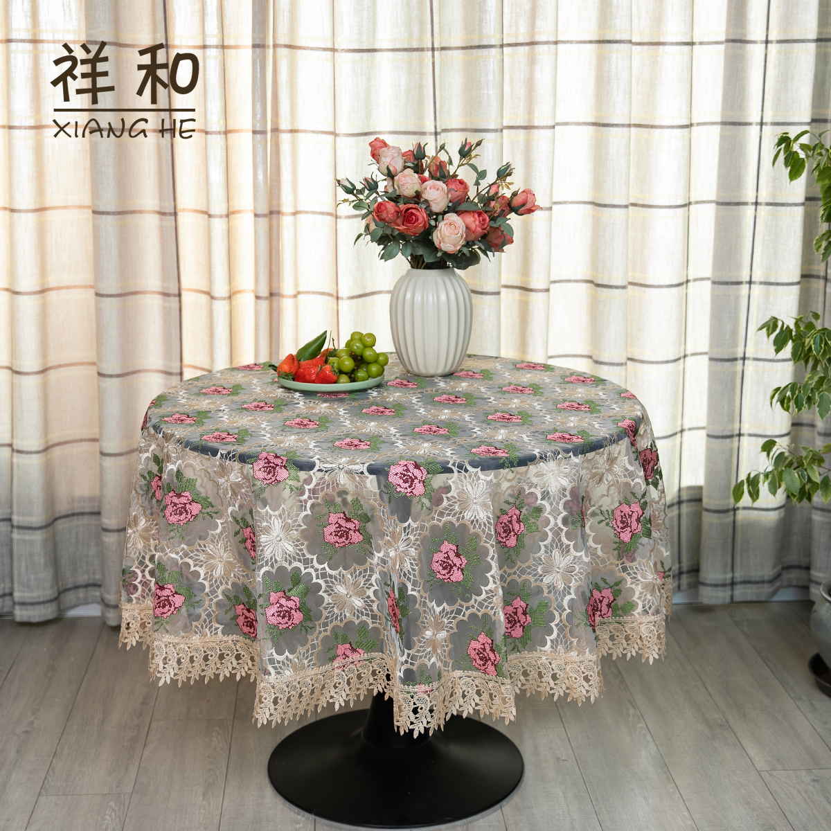 A001-12丝光线（170CM圆）米色仿手工十字绣牡丹花盖巾