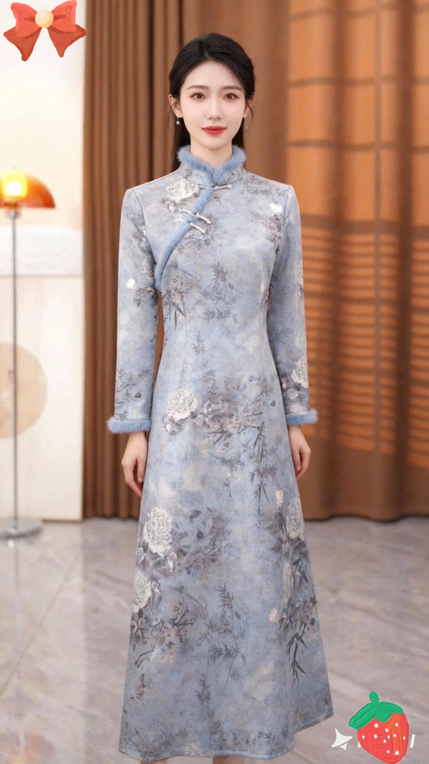 （粉蝶）冬季加绒毛领新款优雅气质文艺日常奥黛显瘦中国风改良旗袍