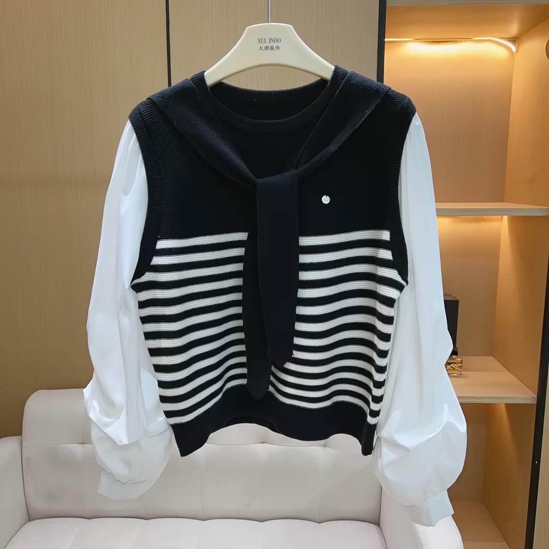 丨秋冬新款黑色圆领时尚百搭拼接衬衫套头针织衫  6227