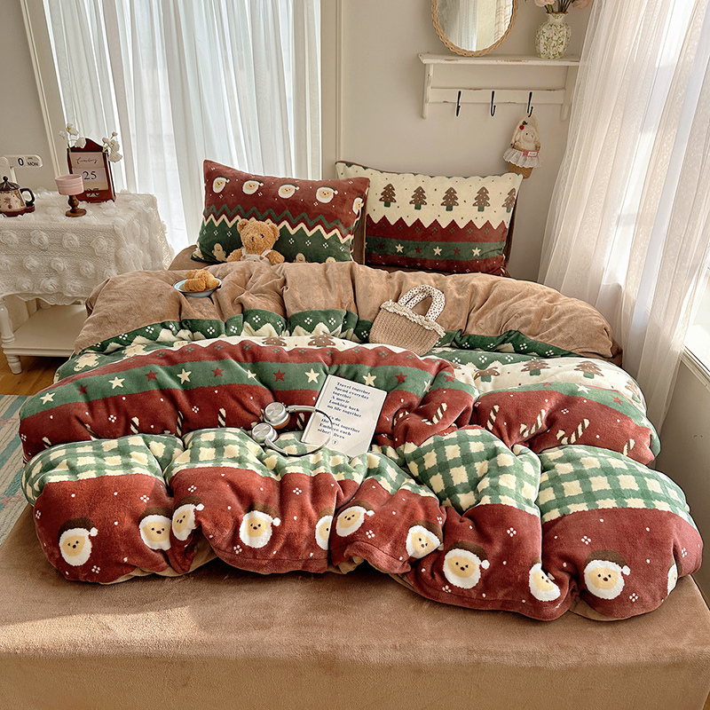 六六生活冬季圣诞款雪花猫猫蓝大版枕套加厚牛奶绒四件套三件套