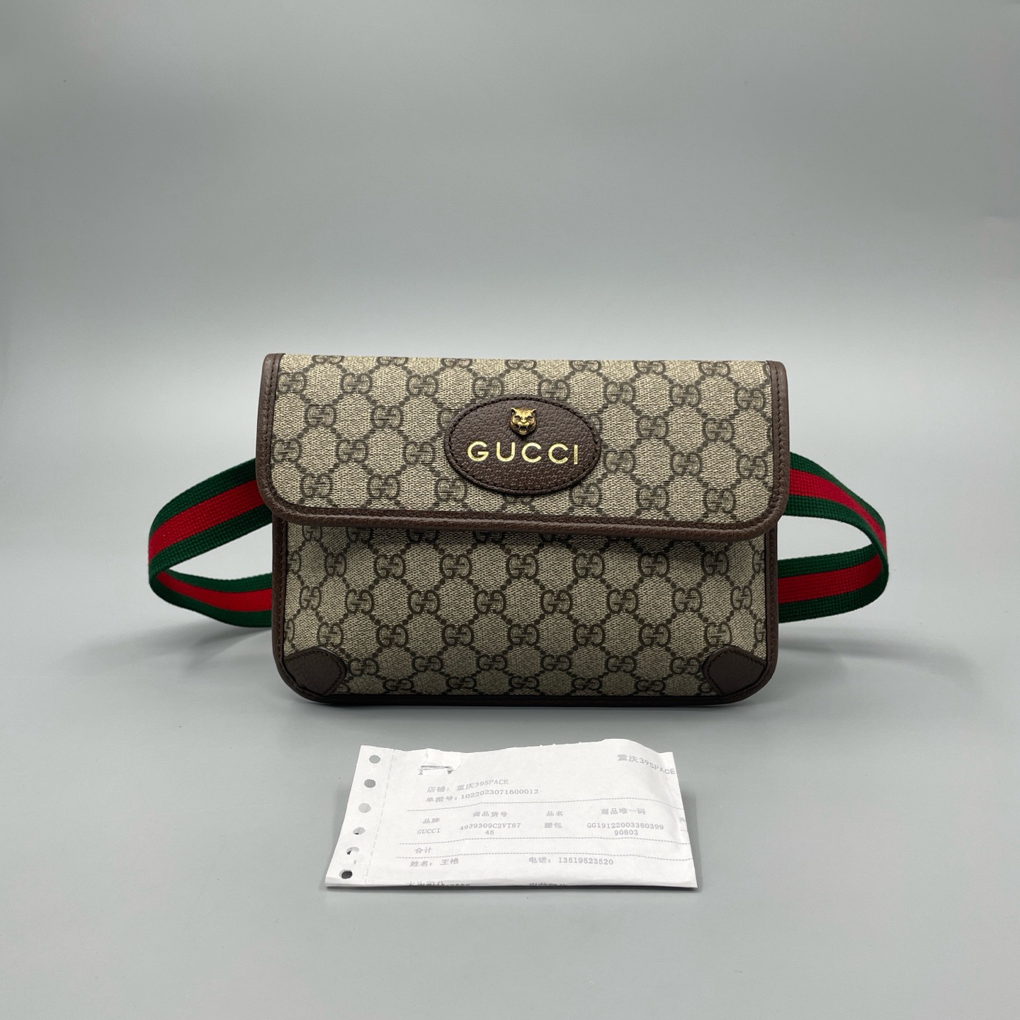 95新 GUCCI/古驰 新标老花虎头胸包腰包 黑标039 尺寸24*16 A3649