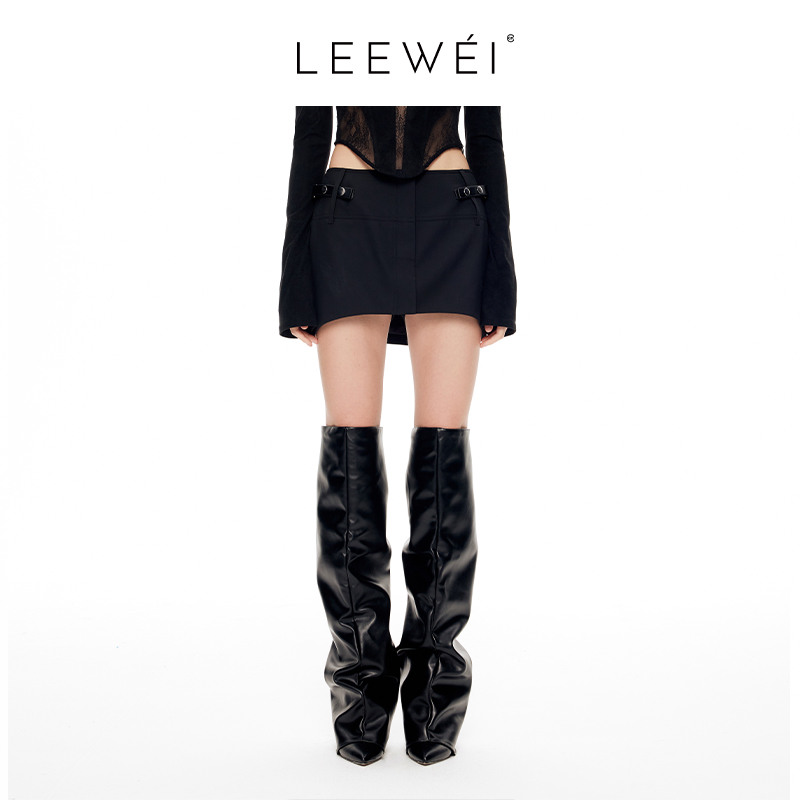 LEEWEI官方直营韩系百搭半身裙简约宽腰头金属皮袢西装短裙
