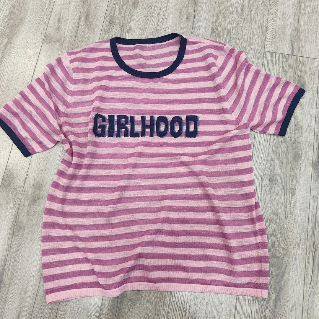 法式独特别致甜辣粉色条纹字母织花短袖t女2025新款夏季发2件