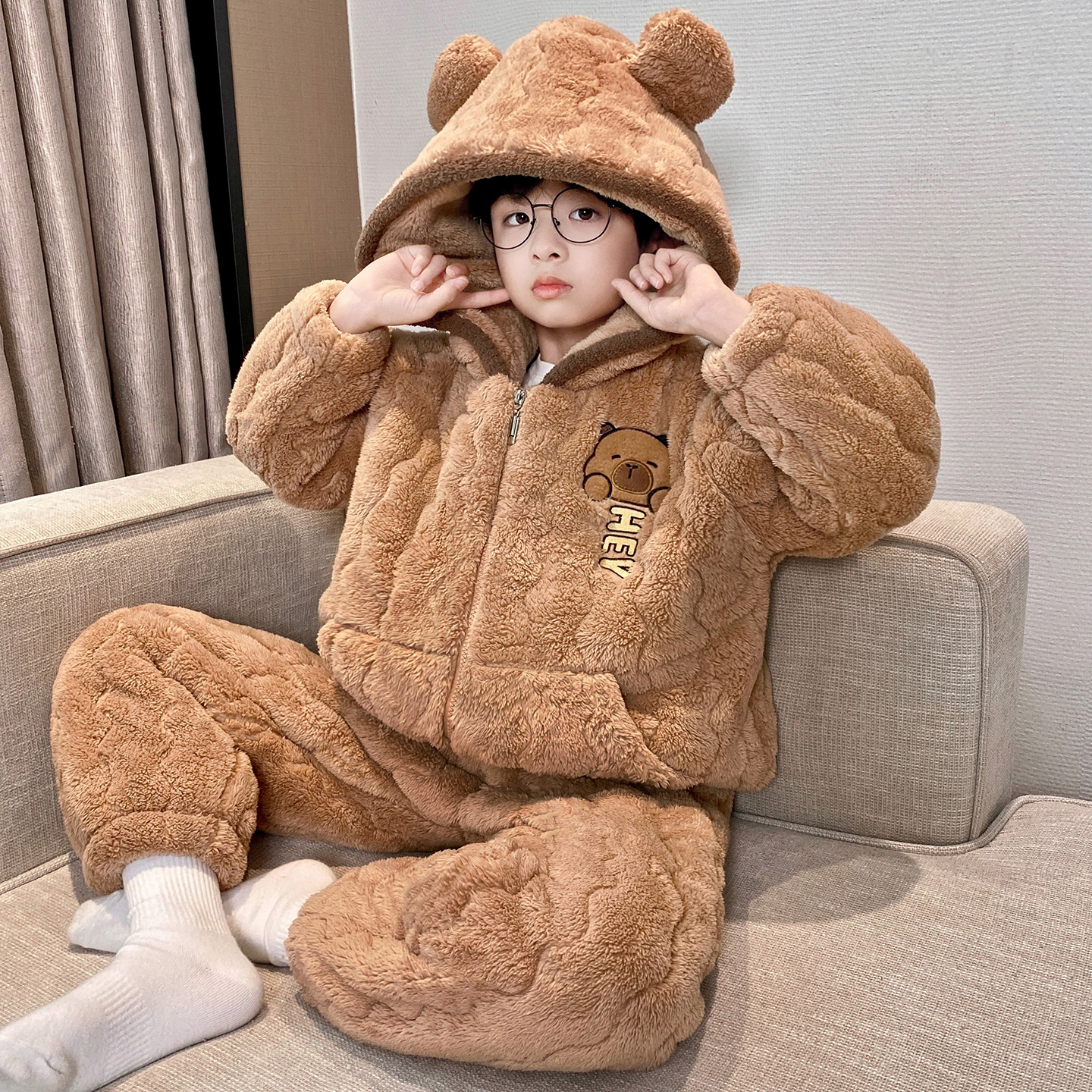 三层夹棉儿童冬季法兰绒男童睡衣加绒加厚连帽卡通洋气保暖家居服