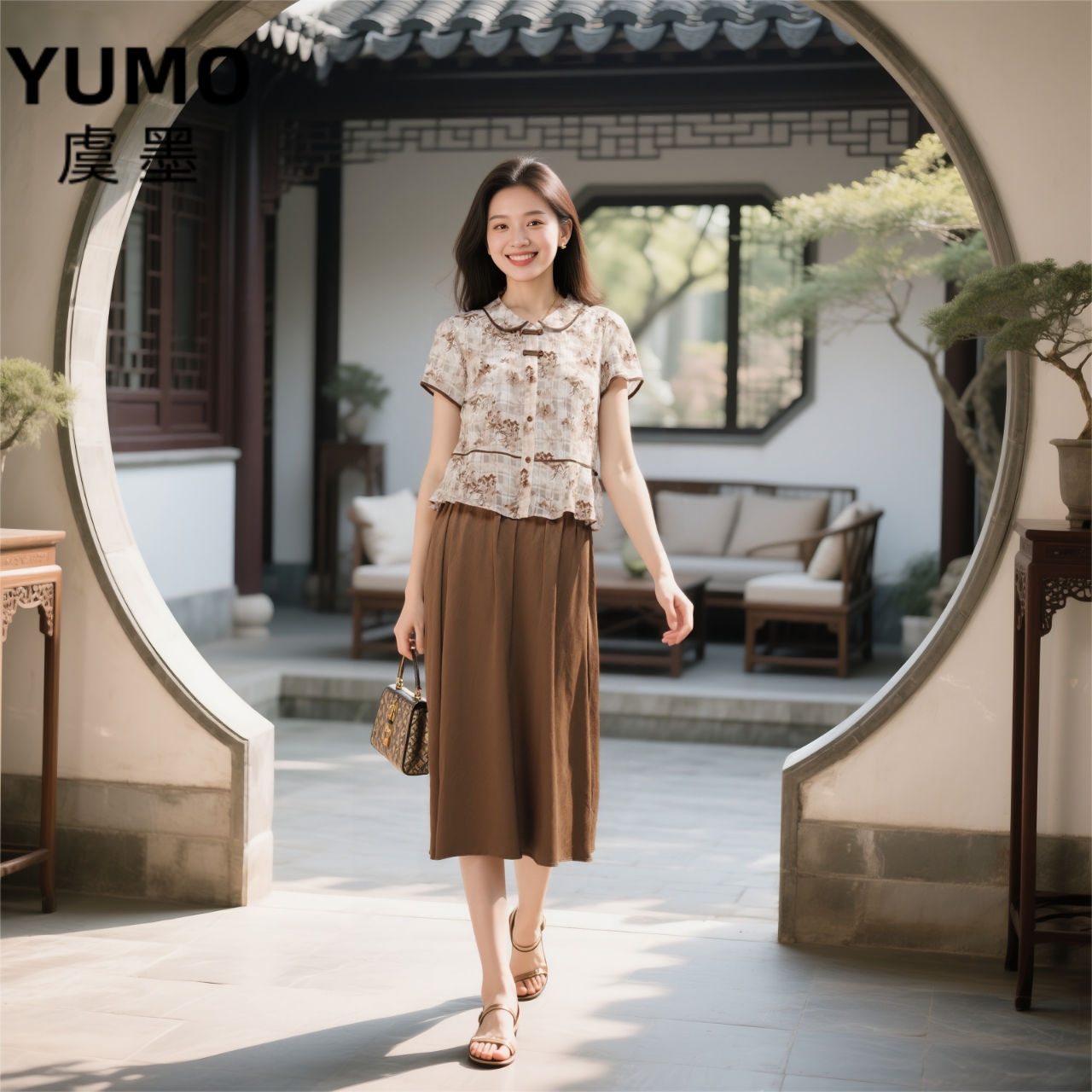 W834夏季静奢风套裙复古长裙女装显瘦气质